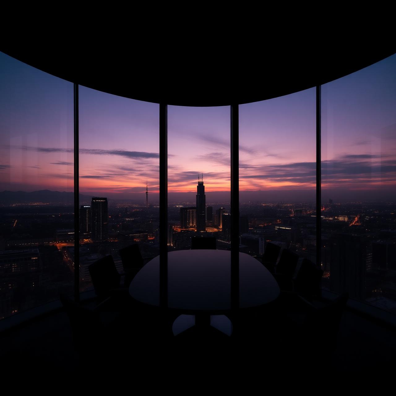 Boardroom overlooking a city skyline at dusk